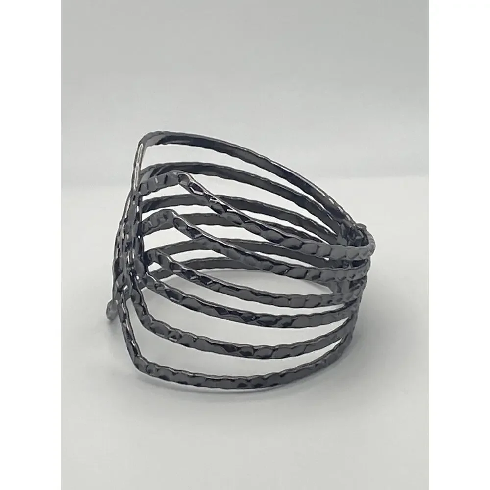 Gun Metal Gray Hammered Open Weave Wide Clamper Cuff Statement Bold Bracelet - Picture 3 of 9